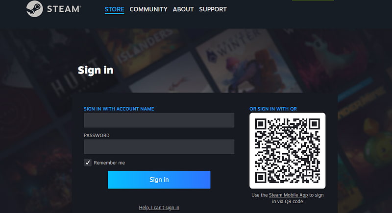 Screenshot showing the Steam login or sign-up page with username and password fields