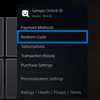 Visual guide to finding the gift card redemption section on the PlayStation website/app Visual guide to finding the gift card redemption section on the PlayStation website/app