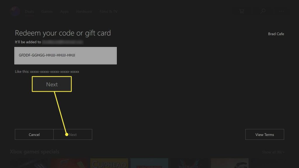 Page showing gift card redemption area highlighted	