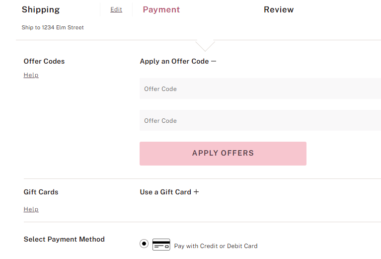 User navigating to the gift card or payment section on the Victoria’s Secret website or app to begin the redemption process.

