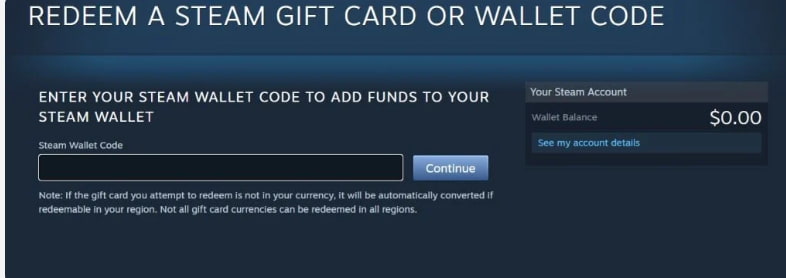 Image displaying the field to enter a Steam Gift Card or Wallet Code, with a code entry box and redeem button visible.