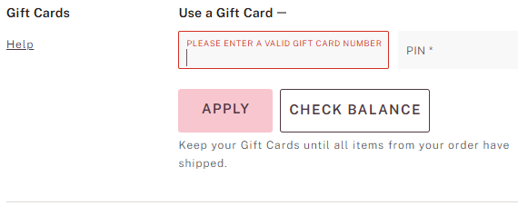 User typing the Victoria’s Secret gift card number and PIN into the redemption fields on the website or app.

