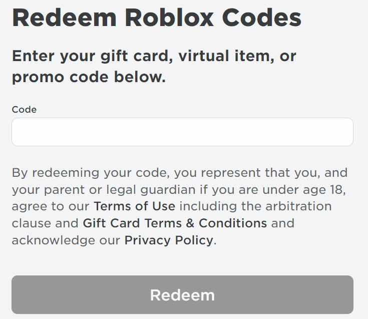 Instruction to input the Roblox gift card code Enter Roblox gift card code online