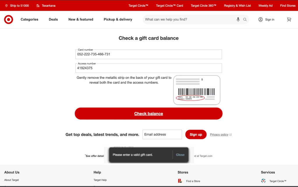 Image displaying the gift card balance check and management options screen