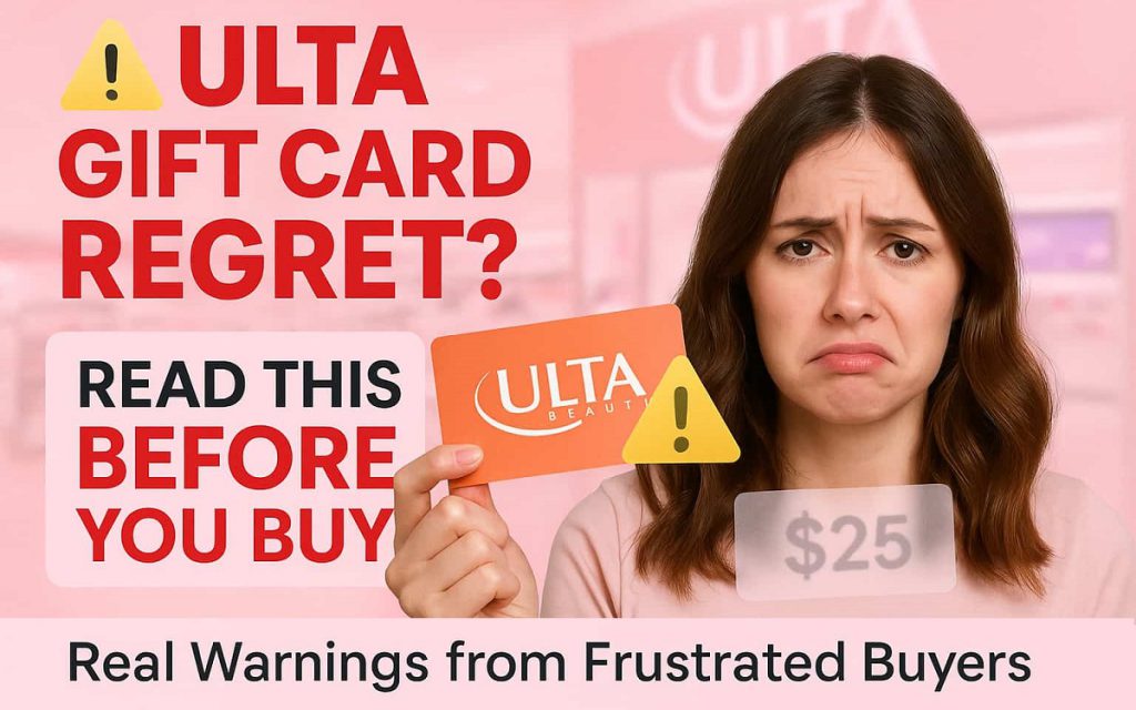 Woman looking worried while holding a $25 Ulta gift card in a store-like setting; reveals hidden problems shoppers face before buying Ulta cards
