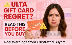 Woman looking worried while holding a $25 Ulta gift card in a store-like setting; reveals hidden problems shoppers face before buying Ulta cards