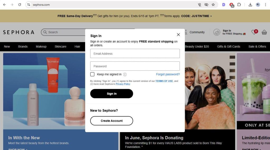 user log In or create an account Sephora