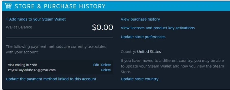 Image showing the 'Add funds to your Steam Wallet' link within account settings.
