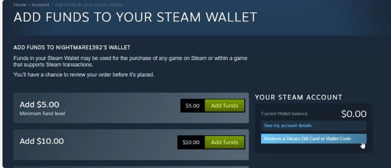 Screenshot of the 'Your Steam Account' window with the 'Redeem a Steam Gift Card or Wallet Code' option highlighted.
