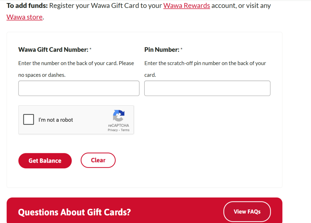Account dashboard showing current gift card balance Account dashboard showing current gift card balance