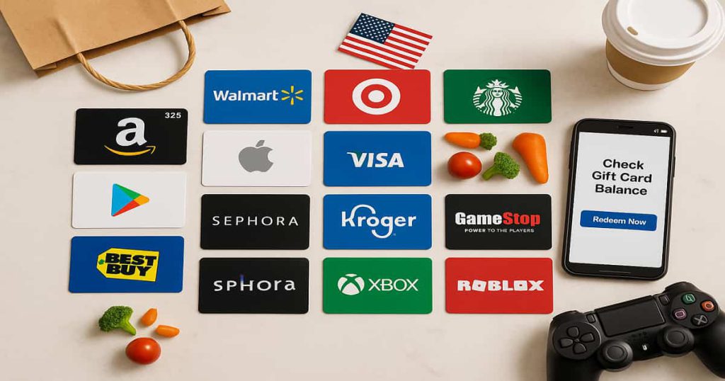 A collage of popular U.S. brand gift cards including Amazon, Walmart, Target, Starbucks, Visa, and PlayStation, arranged on a desk with a smartphone displaying a gift card redemption screen; visually represents top brands that offer gift card facilities in the USA. A collage of popular U.S. brand gift cards including Amazon, Walmart, Target, Starbucks, Visa, and PlayStation, arranged on a desk with a smartphone displaying a gift card redemption screen; visually represents top brands that offer gift card facilities in the USA.