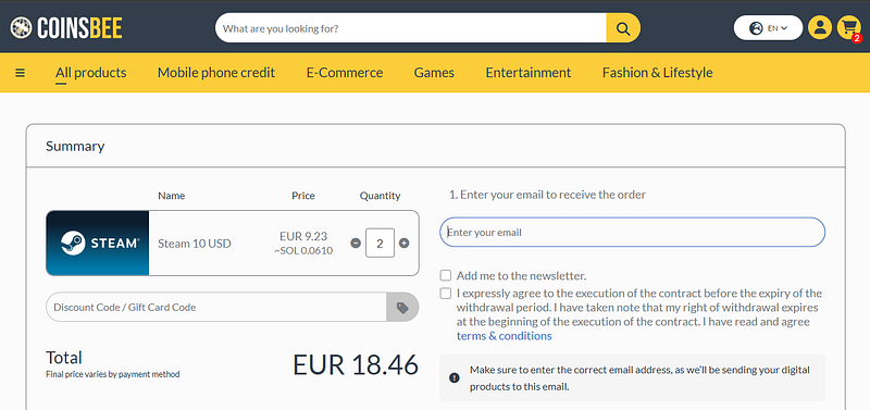 User clicks “Checkout” and enters their email address to receive the Steam gift card digital code electronically User clicks “Checkout” and enters their email address to receive the Steam gift card digital code electronically