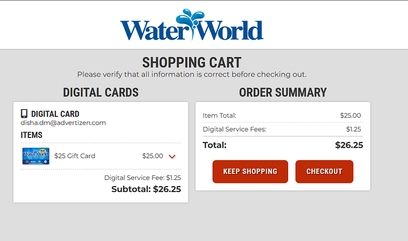 Clicking “Add to Cart” and selecting “Checkout” on a gift card purchase page. Clicking “Add to Cart” and selecting “Checkout” on a gift card purchase page.