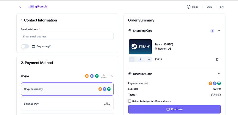 User enters a valid email address to receive the digital Steam gift card code after completing the online purchase User enters a valid email address to receive the digital Steam gift card code after completing the online purchase