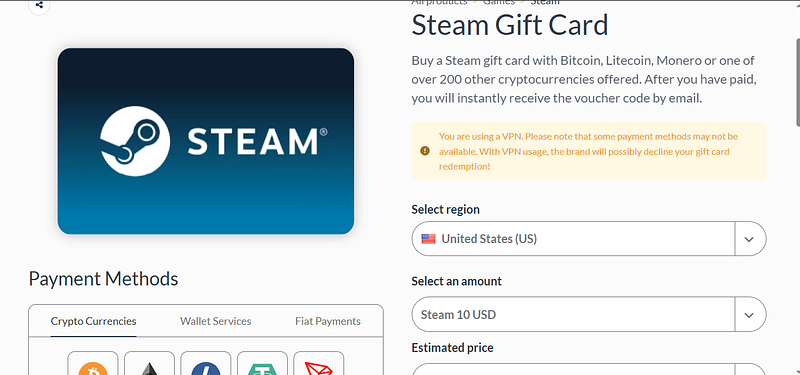 User searches for “Steam gift card” and selects the “Steam USD” option from the search results to buy a U.S. dollar-denominated card User searches for “Steam gift card” and selects the “Steam USD” option from the search results to buy a U.S. dollar-denominated card