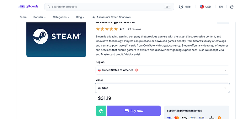 User selects their Steam account region (US, EU, or UK) and chooses a gift card amount before completing the purchase User selects their Steam account region (US, EU, or UK) and chooses a gift card amount before completing the purchase