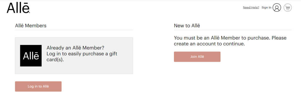 Logging in to your Allē account or creating one before using the gift card at a clinic or provider location