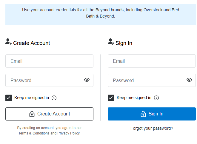 User logging in or signing up on the Bed Bath & Beyond website to access gift card redemption options. User logging in or signing up on the Bed Bath & Beyond website to access gift card redemption options.