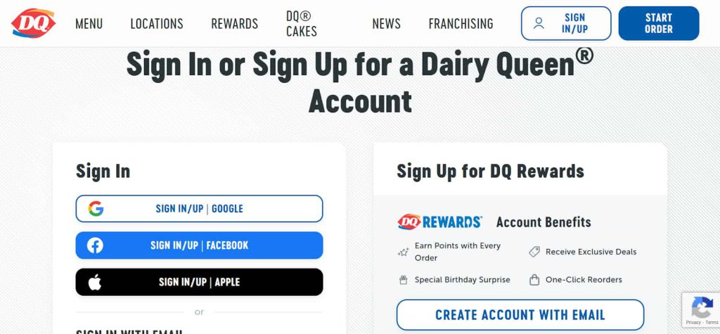 Sign-up page for Dairy Queen gift card access Sign-up page for Dairy Queen gift card access