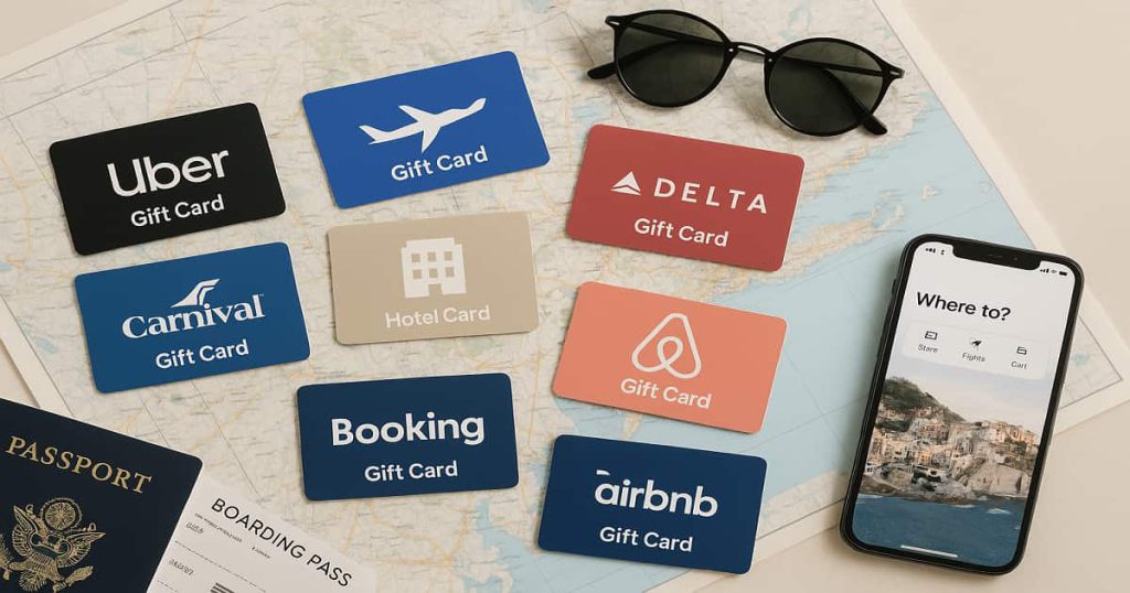A flat lay of various travel gift cards including Delta, Uber, Airbnb, and Booking.com arranged with a passport, travel map, and suitcase—symbolizing flexibility and convenience for U.S. travelers. A flat lay of various travel gift cards including Delta, Uber, Airbnb, and Booking.com arranged with a passport, travel map, and suitcase—symbolizing flexibility and convenience for U.S. travelers.